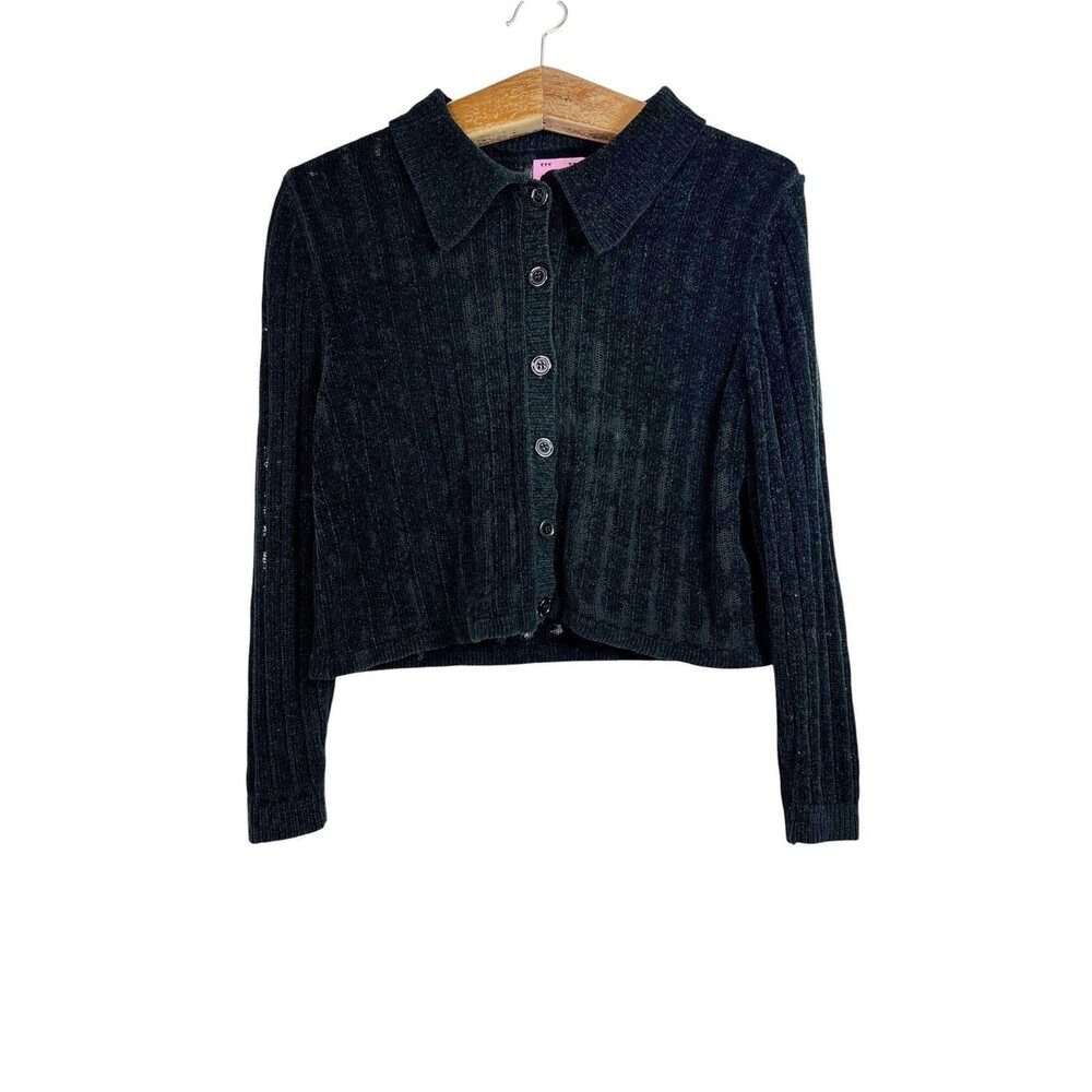 Unif Black Collared Cropped Button Down Cardigan Sweater Size M Whimsigoth